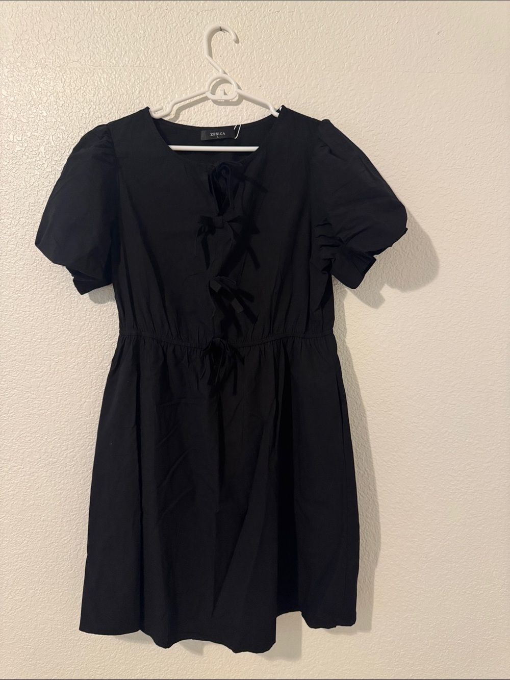 Short Black Tie-Front Mini Dress with Puff Sleeves